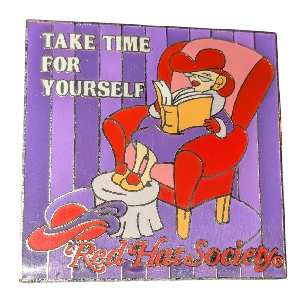 Red Hat Society Take Time For Yourself Enamel Pin 2009 Purple Red Reading Woman